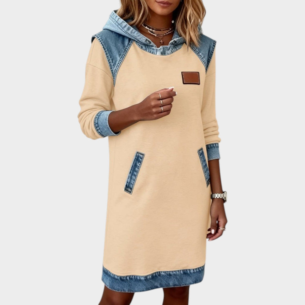Casual Denim Trim Hoodie Dress