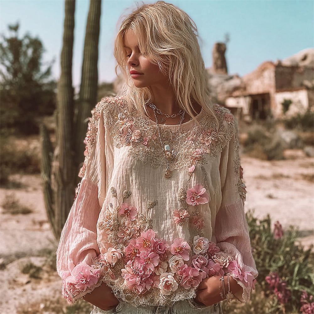 Vintage Floral Lace Embroidered Boho Women's Linen Long Sleeve Shirt