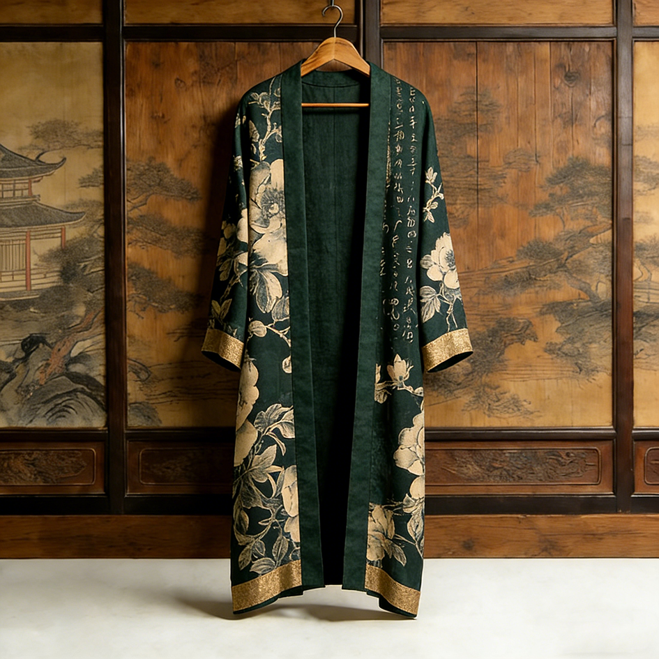 Japanese Art Retro Plants And Flowers Printed Long Cardigan