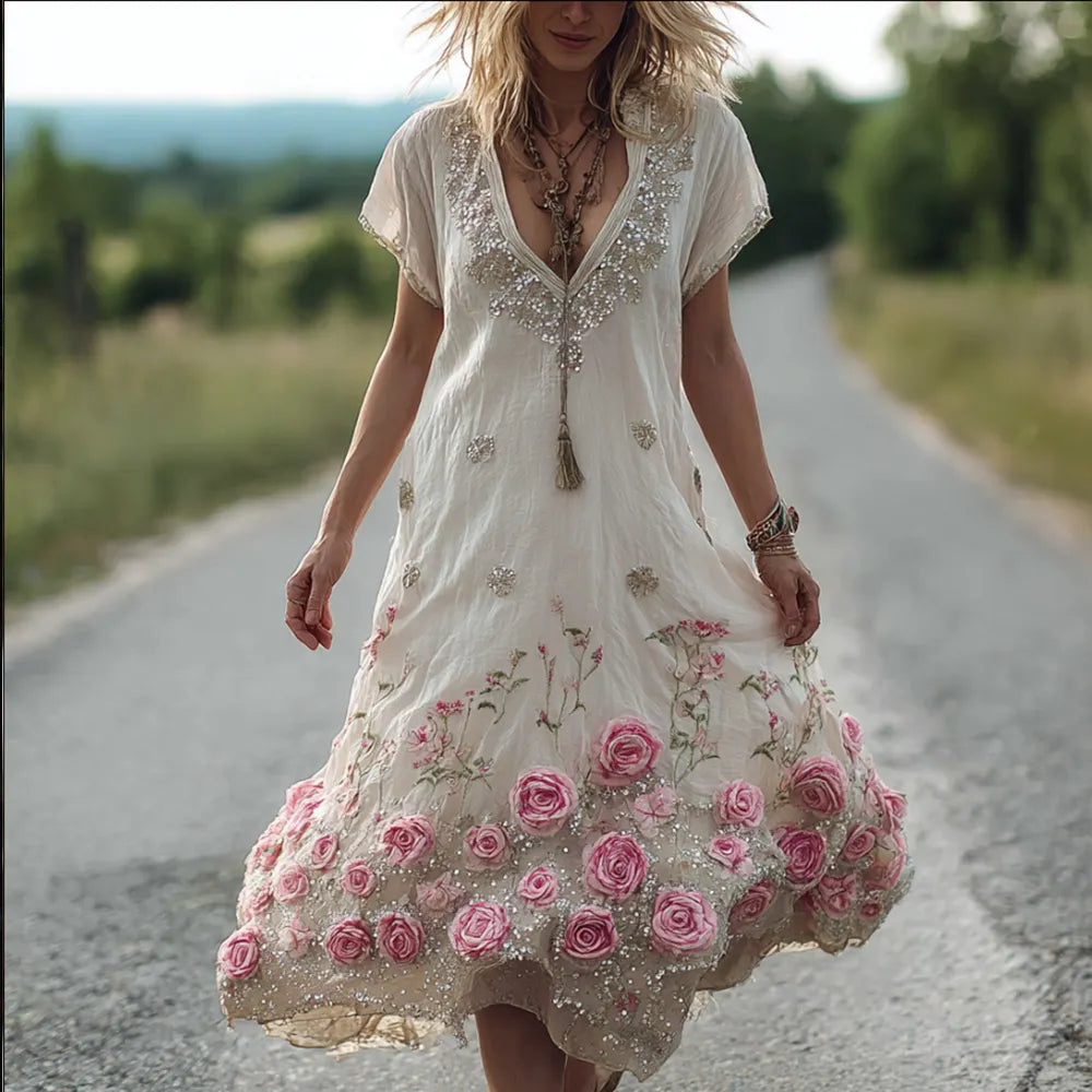 Ladies' Short-sleeved V-neck Vintage Dress With Sequin Embroidery Flowers