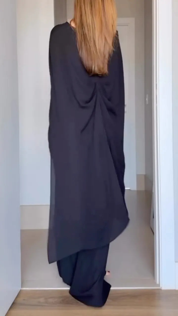 Black Cape Sleeve Draped Top Wide Leg Pants Set