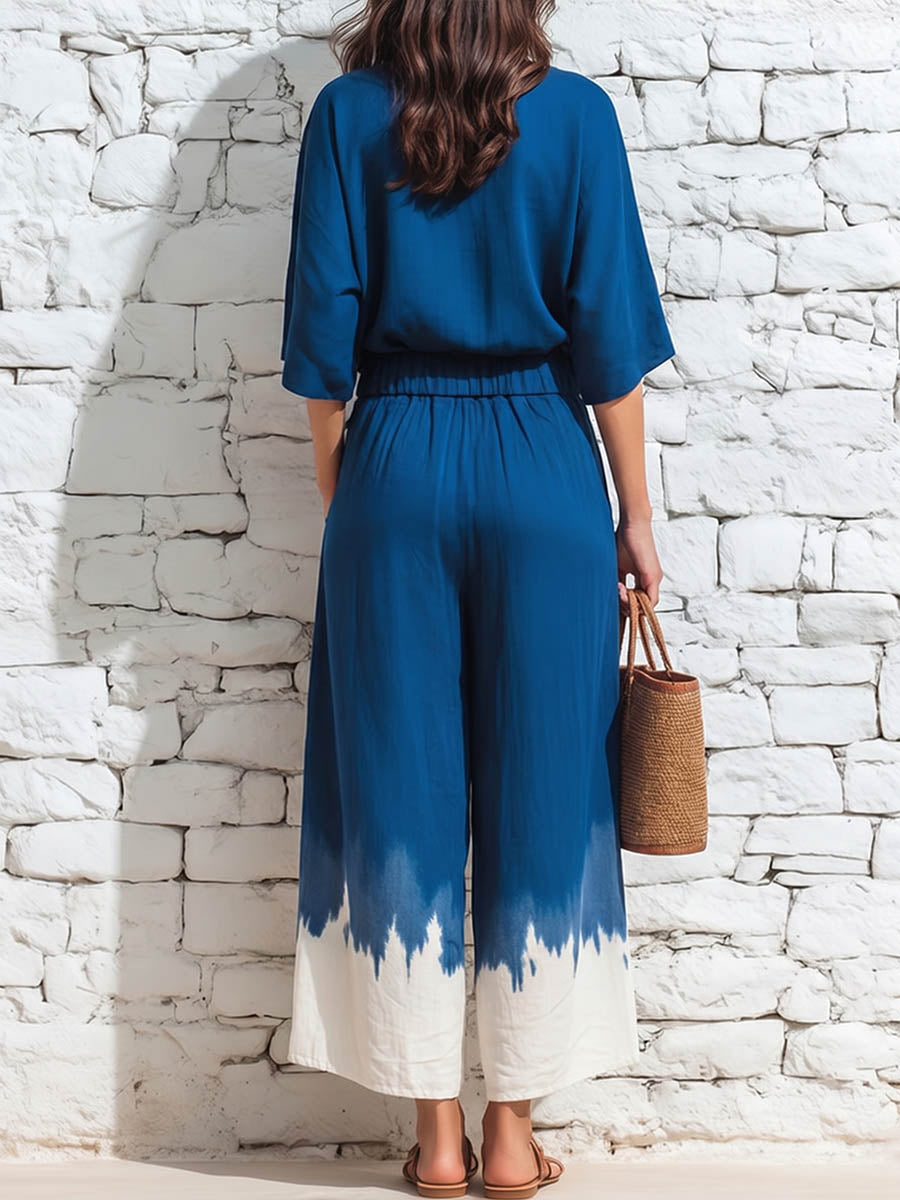 Women's Casual Loose Cotton-linen Outfit: Crew Neck 3/4-sleeve Top With Placement Print & Elastic-waist Wide-leg Pants