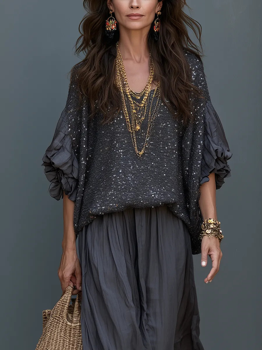 Charcoal Gray Sequined Top And Skirt Set