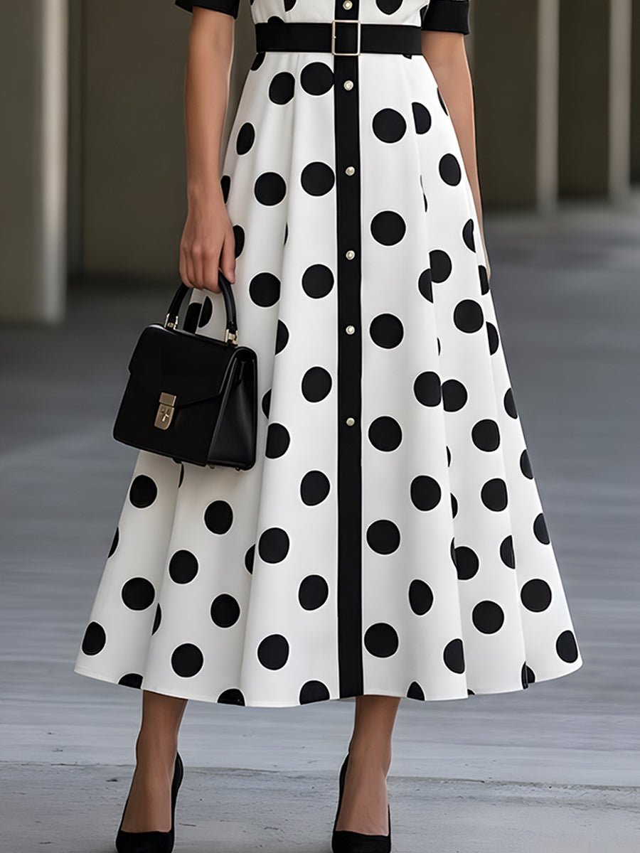 Black And White Polka Dot Shirt Dress (Mid-Length)