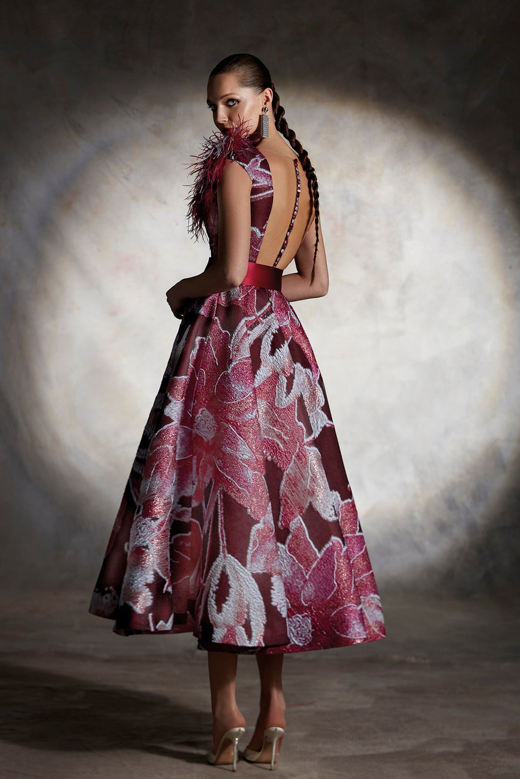 Decorated shoulder printed midi dress