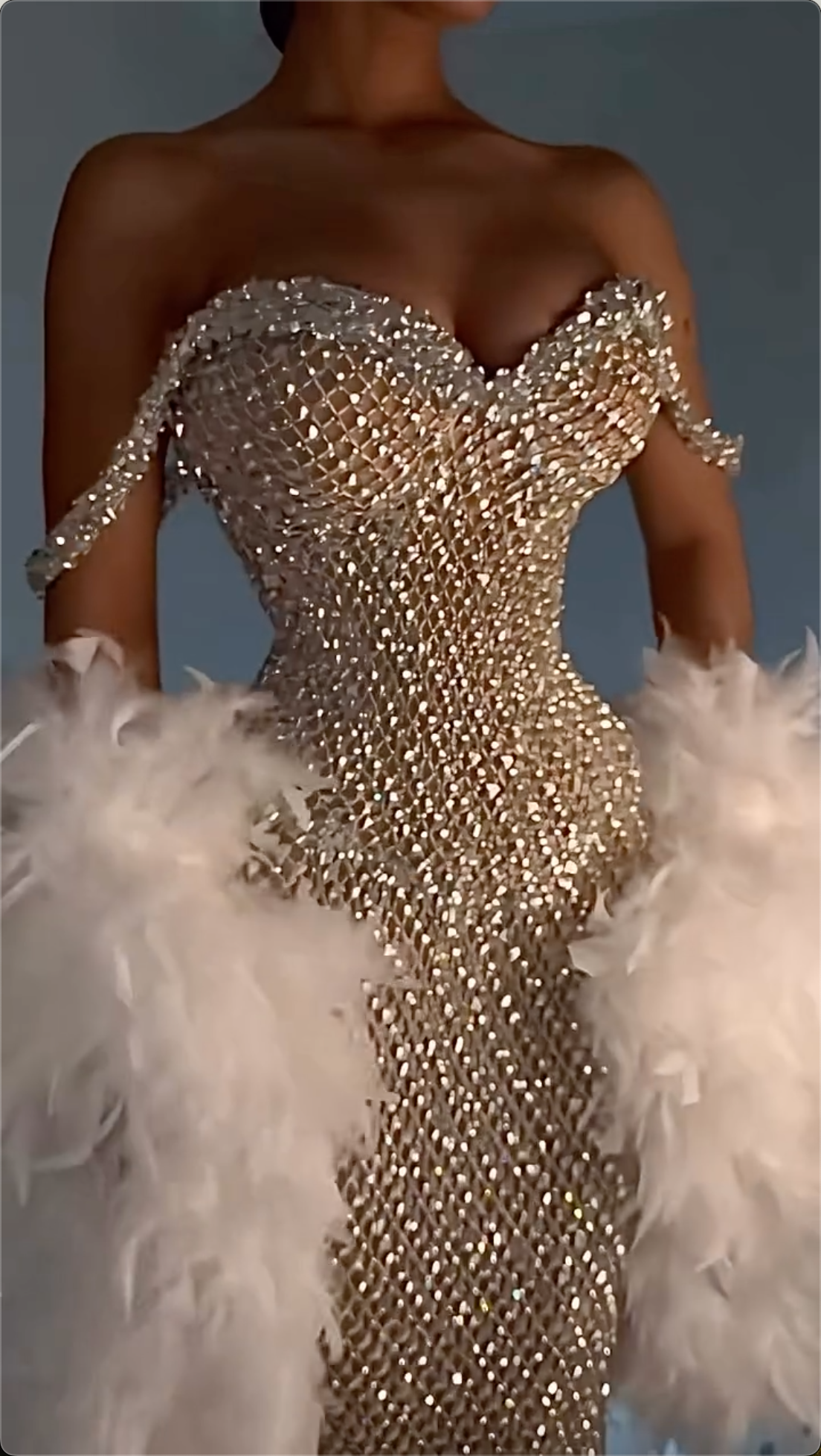 Glamorous Silver Strapless Crystal Feather Mermaid Maxi Dress