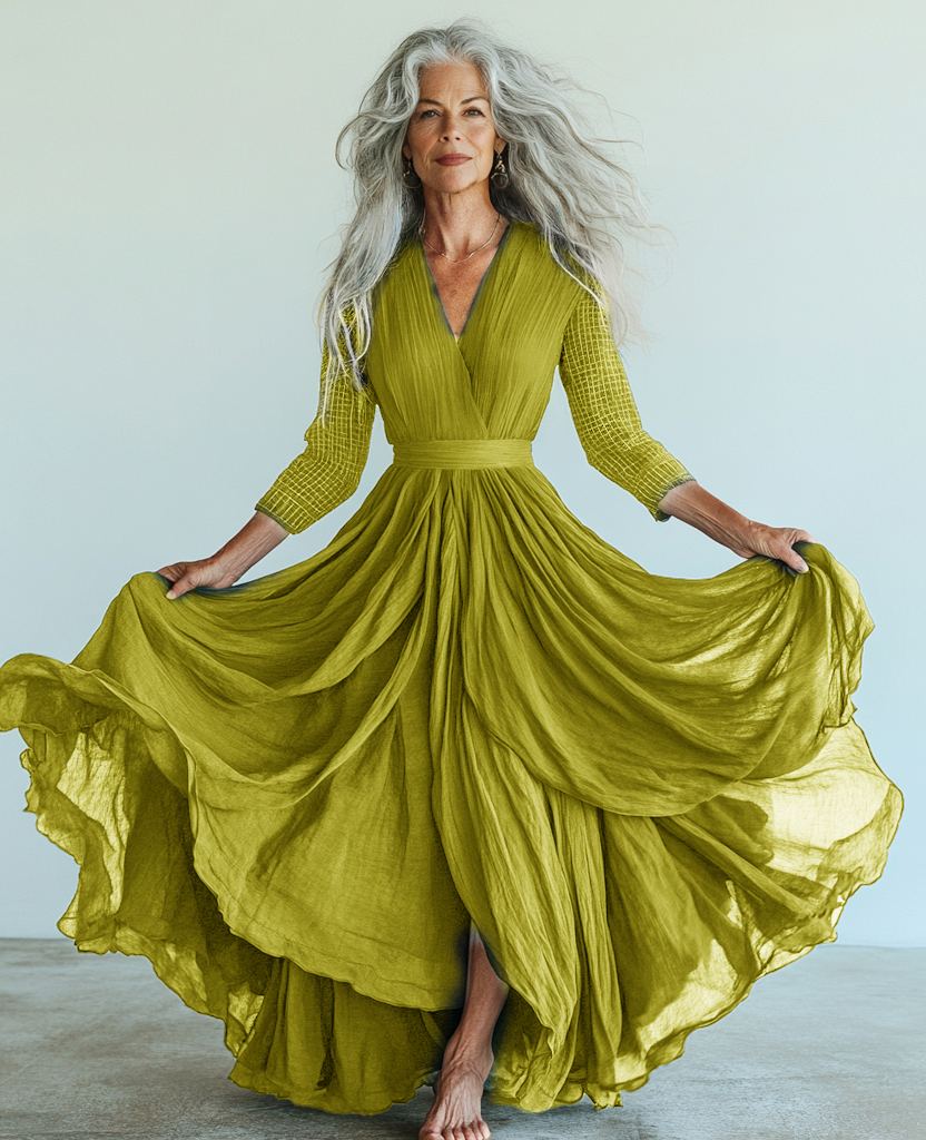 Vintage loose color contrast green color swing dress  e7be