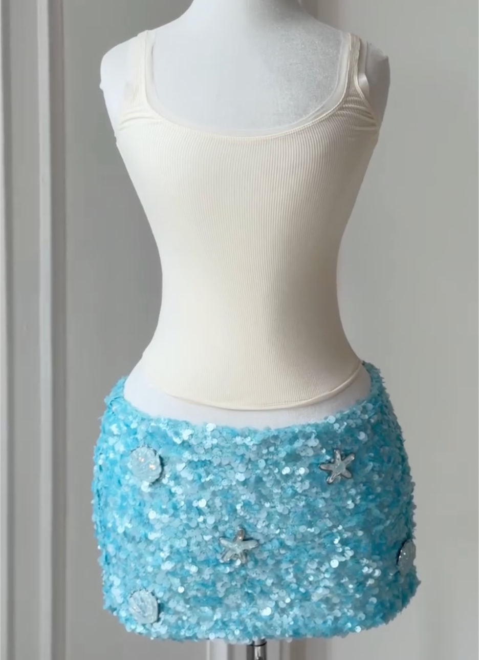 Cream Rib Square Neck Tank Top & Ocean Starfish Shell Sequin Mini Skirt Two Piece Set, Light Blue & Pink Vacation Party Outfit