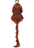 Halter Floral Ruffle Ruched Dress Brown