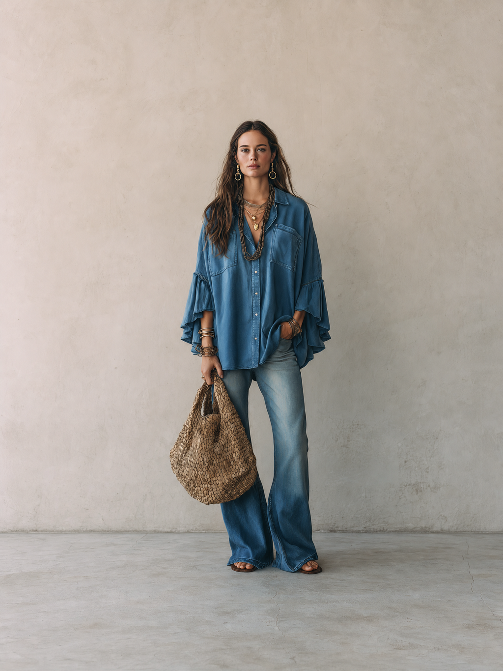Effortless Chic Chambray Drop-Shoulder Flare-Sleeve Denim Blue Blouse