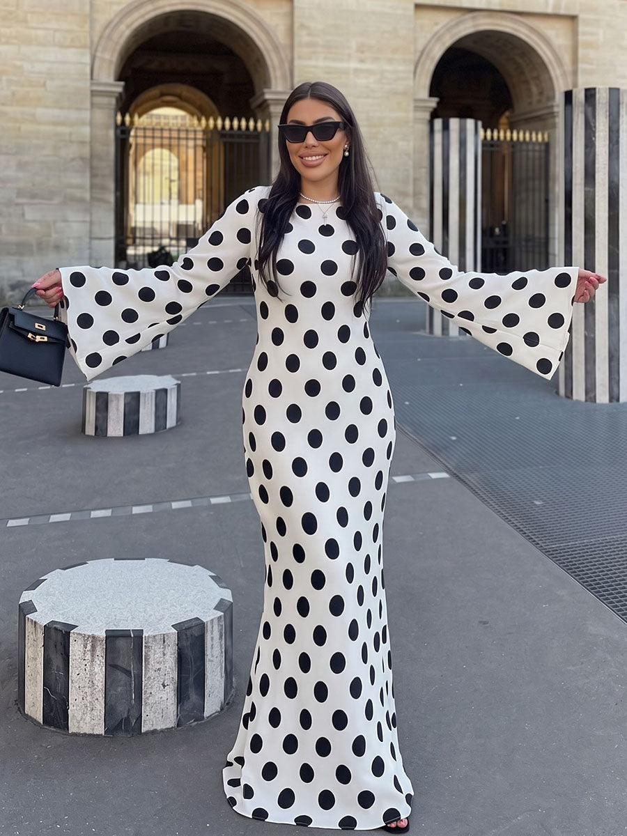 Polka Dot Contrast Color Loose Long Sleeves Round-neck Maxi Dresses