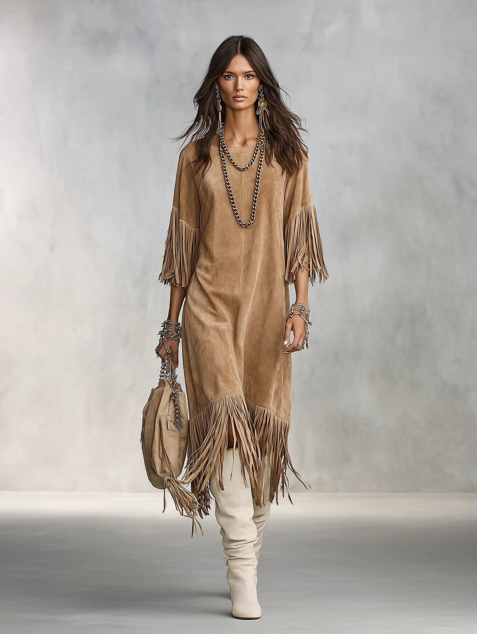 Vintage Faux Suede Oversized Sand Fringe Shift Midi Dress