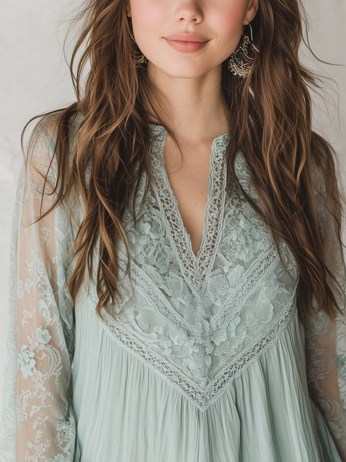 Bohemian Sage Lace V-Neck Blouse