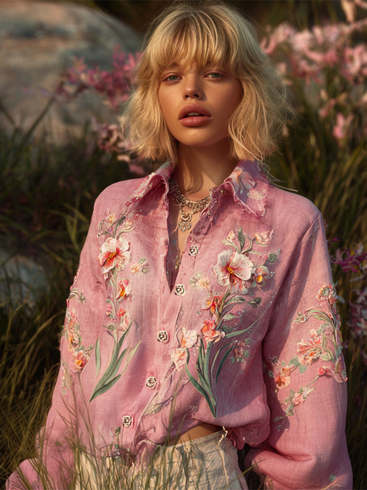 Boho Butterfly Orchid Floral Embroidery Women's Linen Shirt