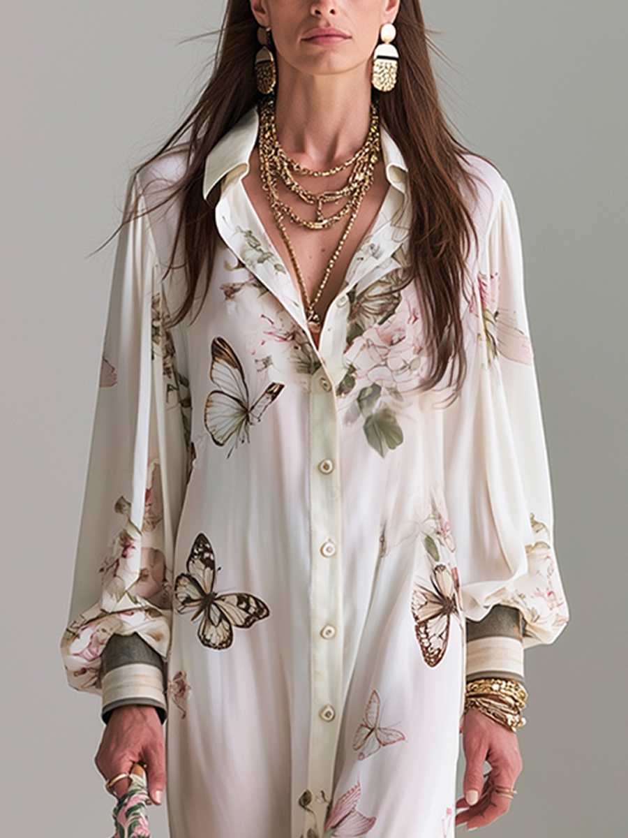 Romantic White Butterfly Floral Print Maxi Shirt Dress