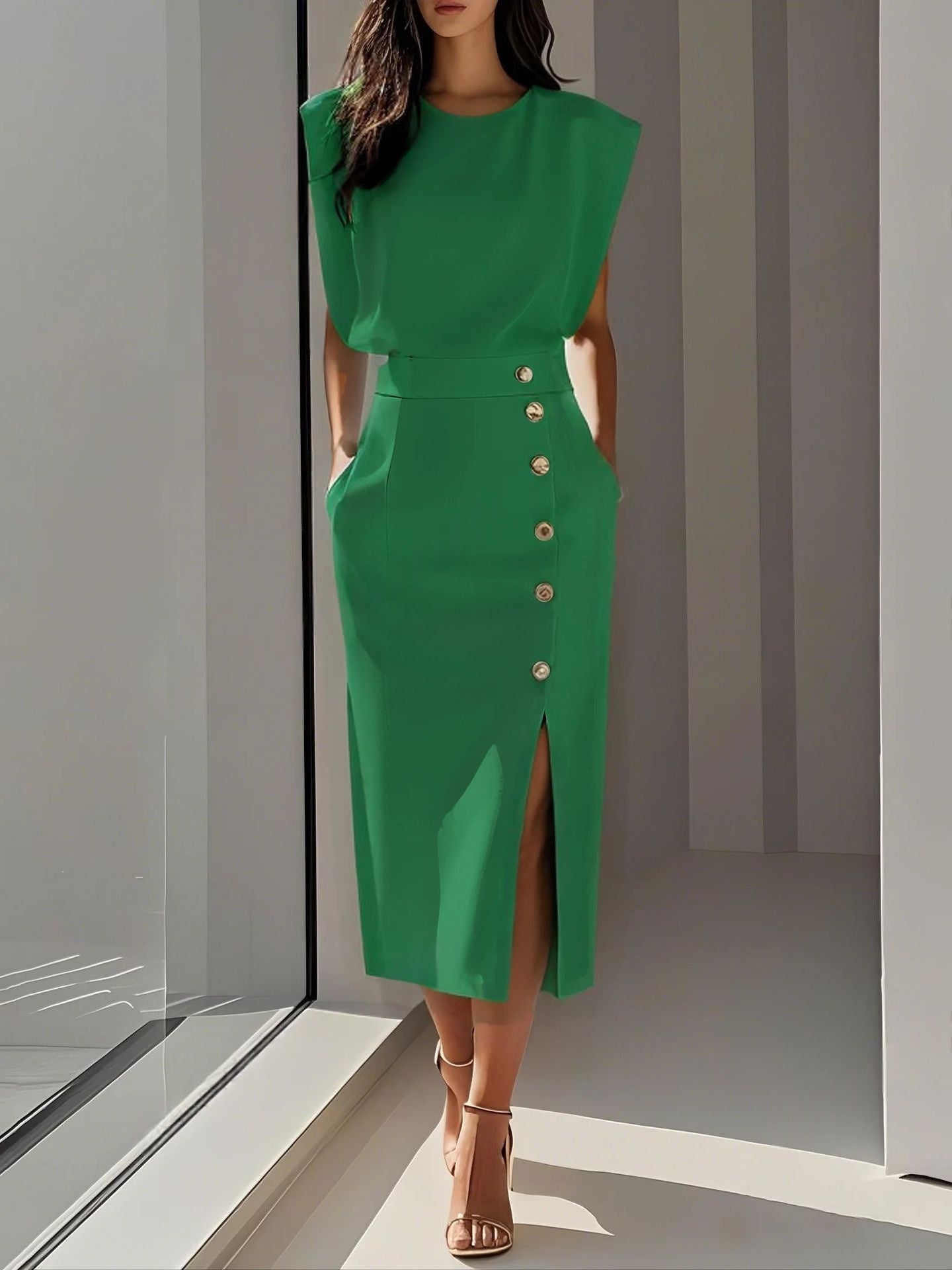 Women's Elegant High-Waist Sleeveless Maxi Dress - Professional Side Button Slit Work Dress - Quiet Luxury Chic Mid-Calf Dress