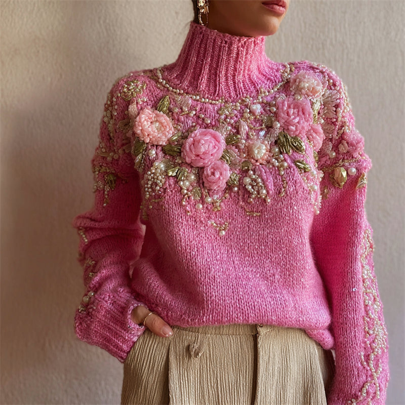 Classy Pink Roses Beaded Glitter Cozy Knit Turtleneck Sweater