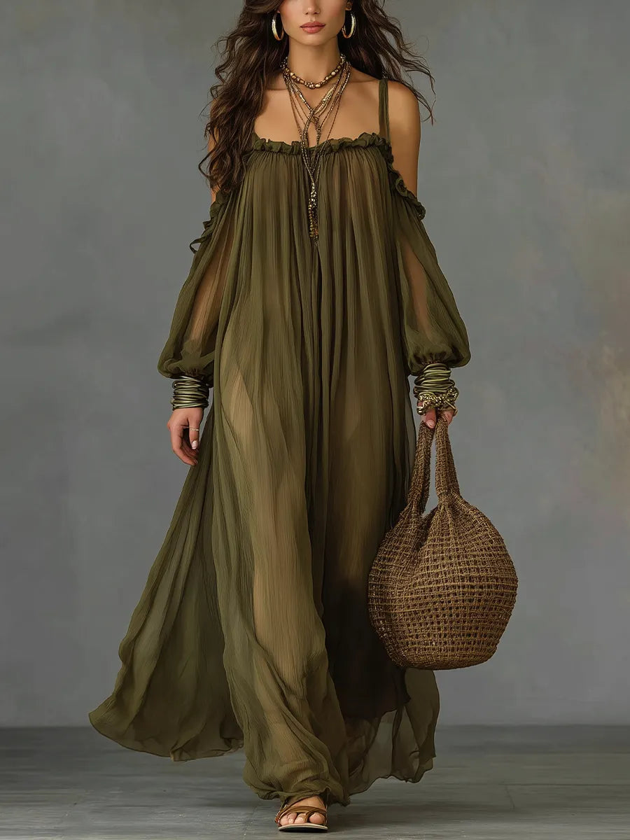 Stylish Olive Off-Shoulder Long Dress