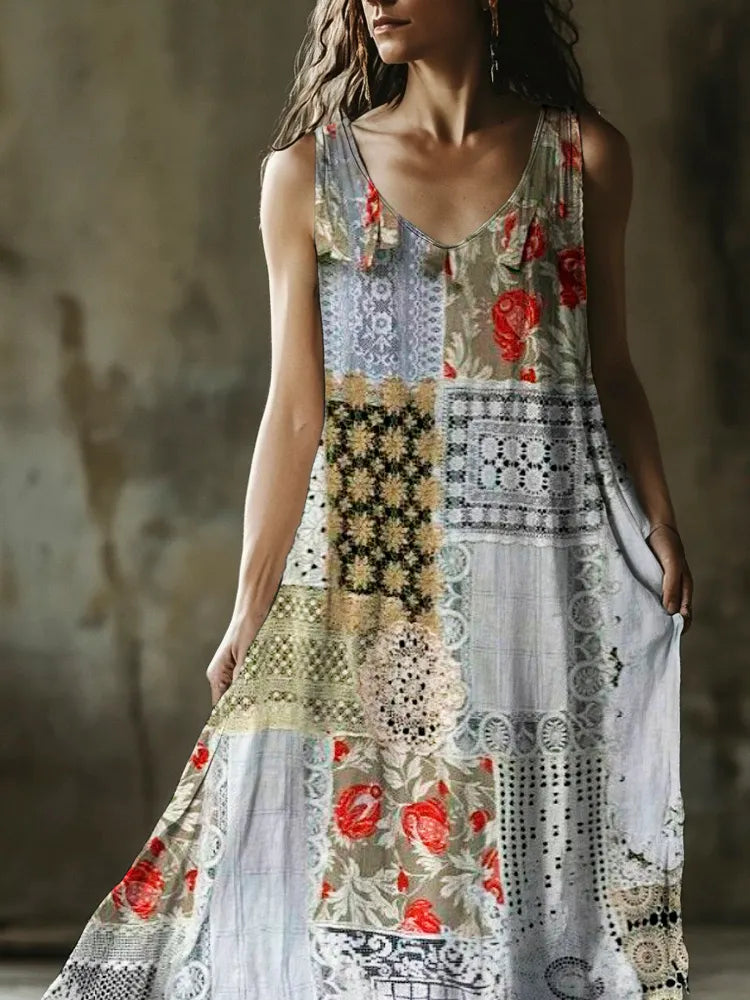 Vintage Lace Floral Geometric Patchwork Women's Linen Vest Dress 12ff