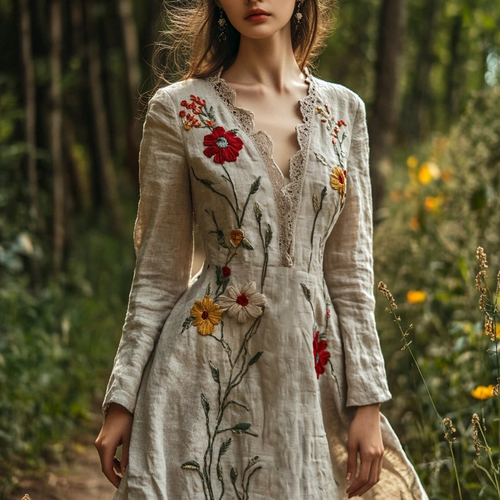 Vintage Forest Floral Embroidery Art Women's Linen Flowy Maxi Dress