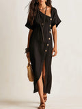 Ffortless Chic Linen Asymmetric Button-Front Black Maxi Dress