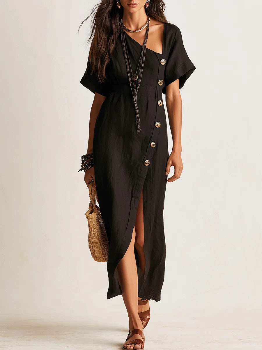 Ffortless Chic Linen Asymmetric Button-Front Black Maxi Dress