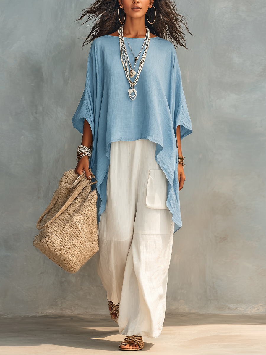 Light Sky-Blue Layered Loose-Fit Pants Set