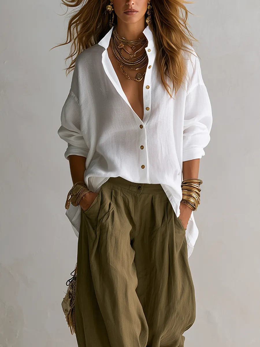 Linen Shirt Paired With Olive Green Lantern Pants Suit