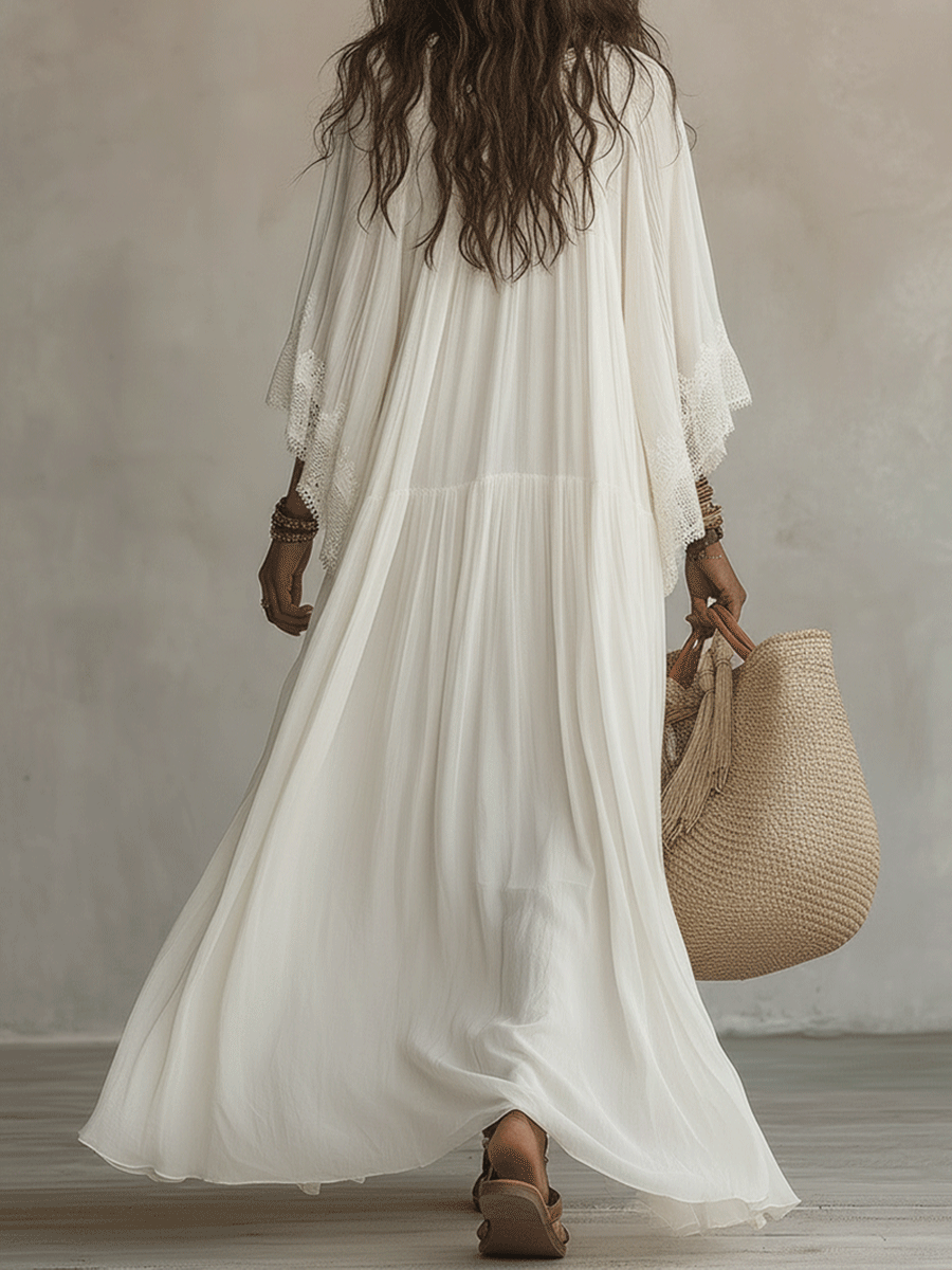 Effortless Flowy Vacation Cream White Boho Maxi Dress