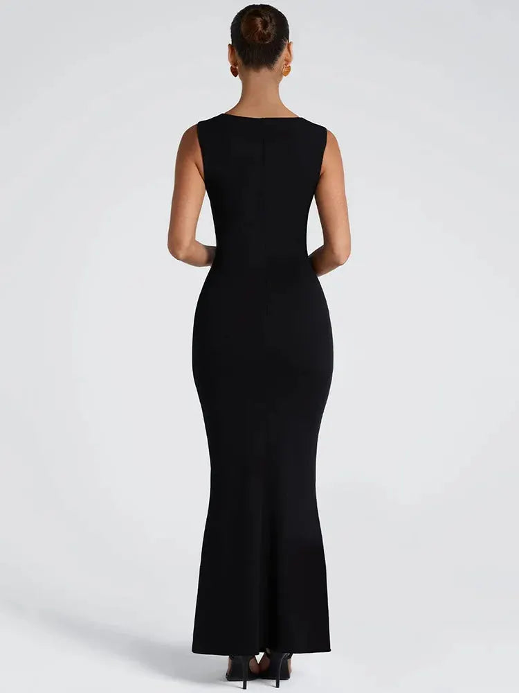 Marzelle Square Neck Bodycon Maxi Dress – Black or Claret Red Sculpting Evening Dress