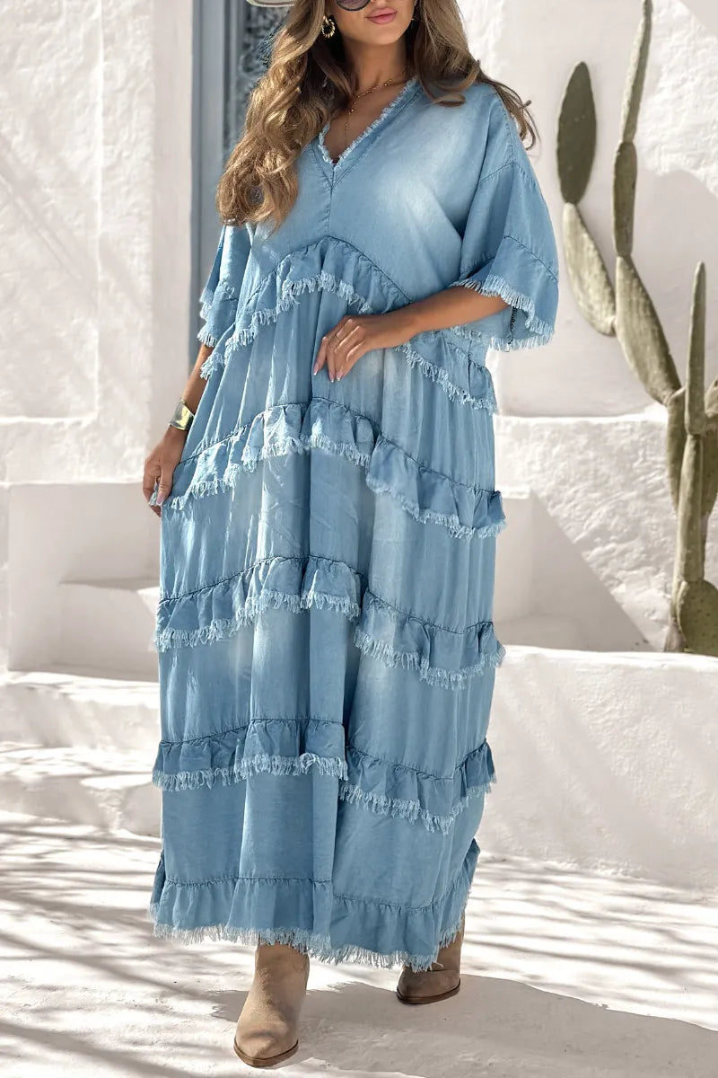 Blue Fringe Tiered Denim Maxi Dress