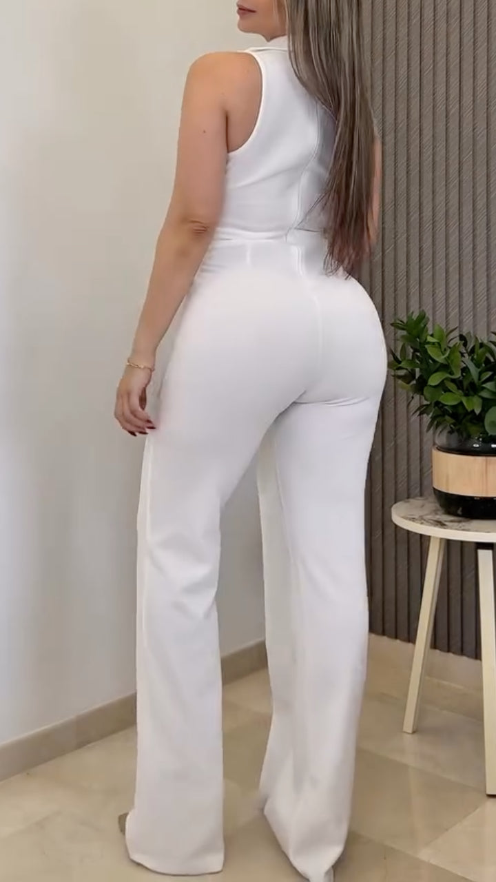 Women's Collared Button Irregular Faux Two-Piece Jumpsuit