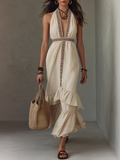 Resort Embroidered Trim Tiered Hem Halter Maxi Dress