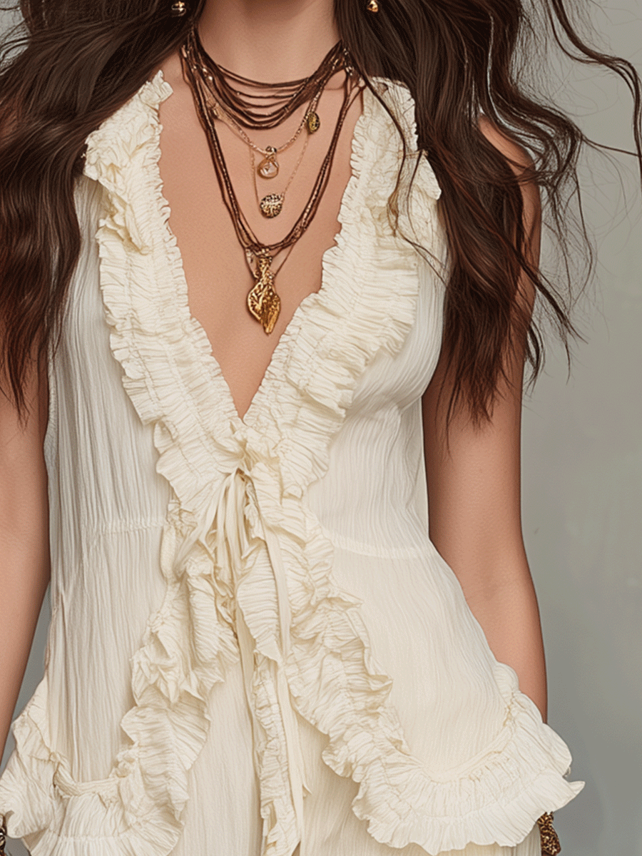 Effortless Boho Ivory Ruffle Tie-Front Top
