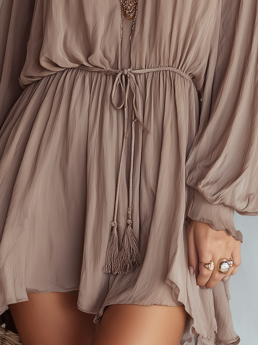 Soft Gathered Waist Long Sleeve Mini Dress