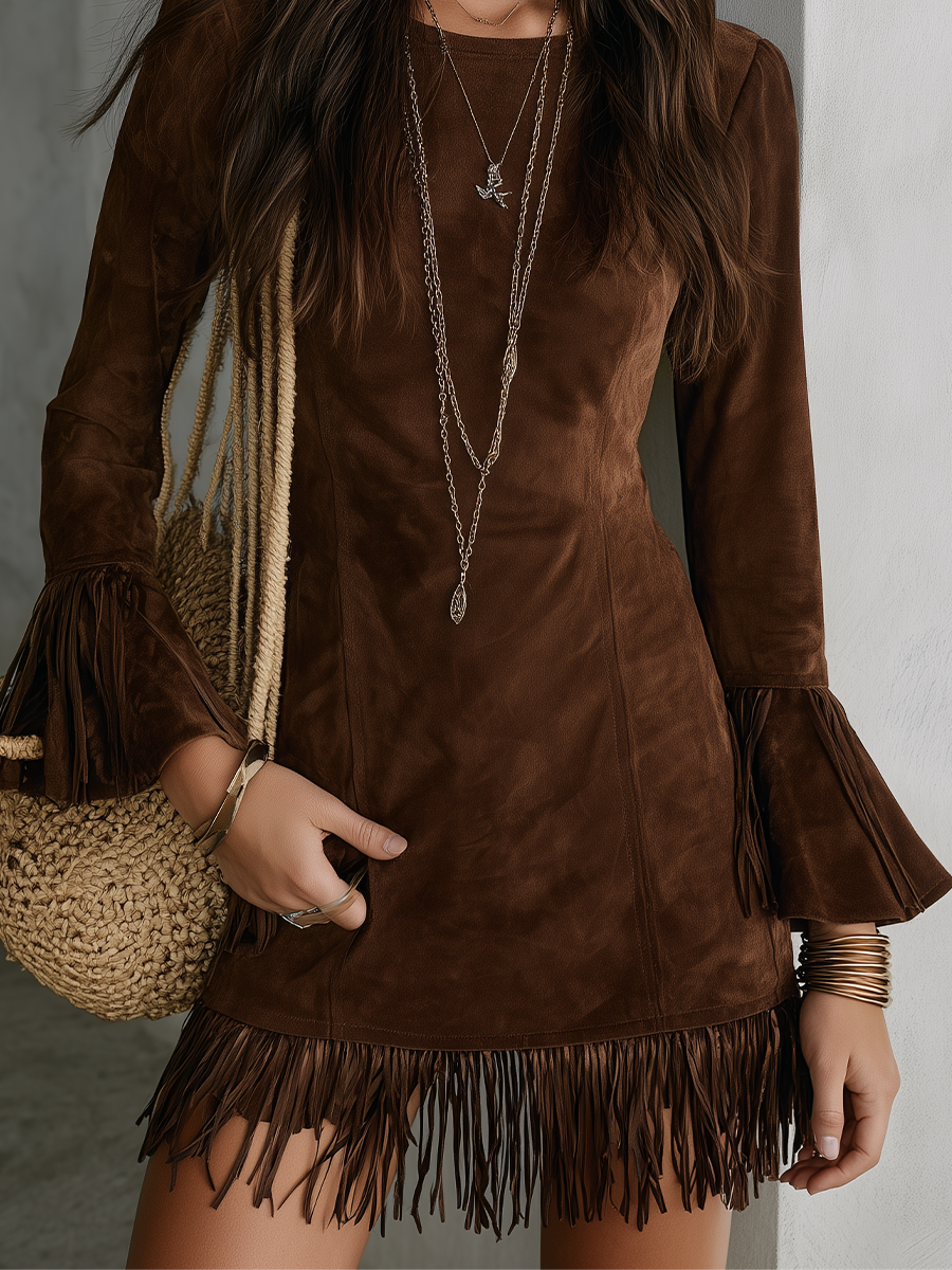 Western Boho Tummy-Covering Fringe Mini Dress