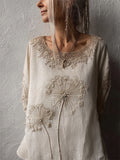 Vintage Dandelion Embroidered Lace Hem Linen Tunic