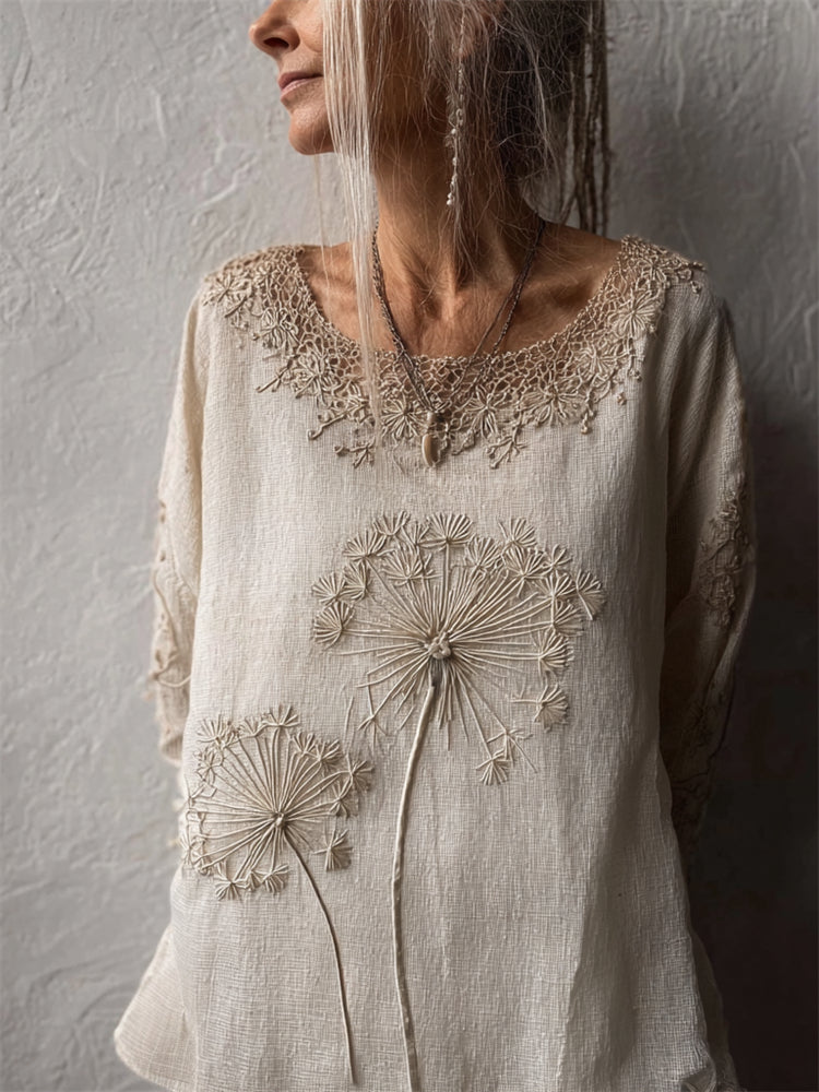 Vintage Dandelion Embroidered Lace Hem Linen Tunic