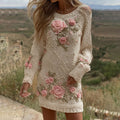 Women's Vintage Rose Art Cozy Knit Mini Sweater Dress