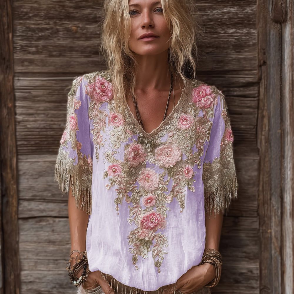 Women's Rose Flower V-neck Vintage Linen Short-sleeve Shirt