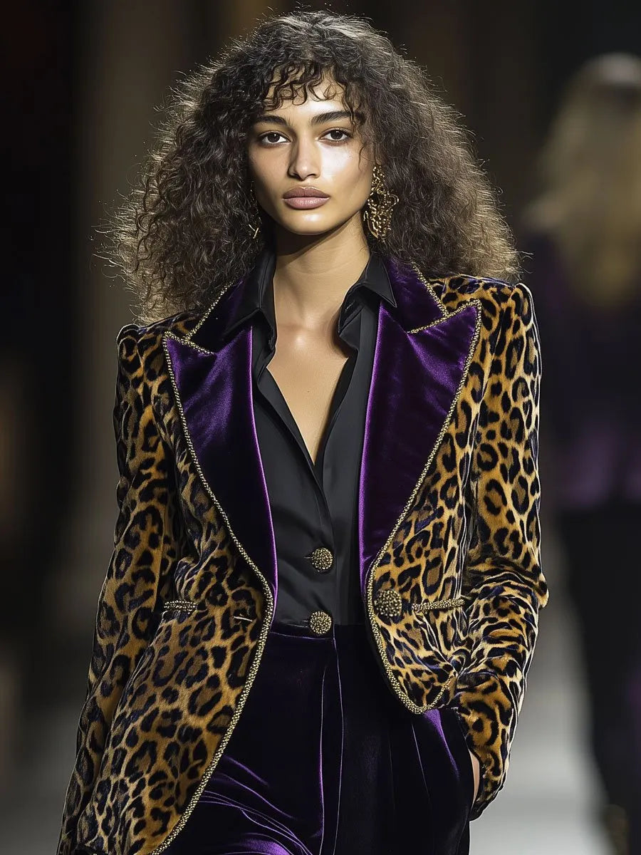 [24-hour shipping out]Casual Vintage Velvet Leopard Print Contrast Lapel Blazer