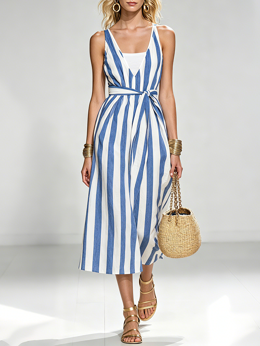 Resort Cotton Striped Belted Sundress Beach Maxi Dress