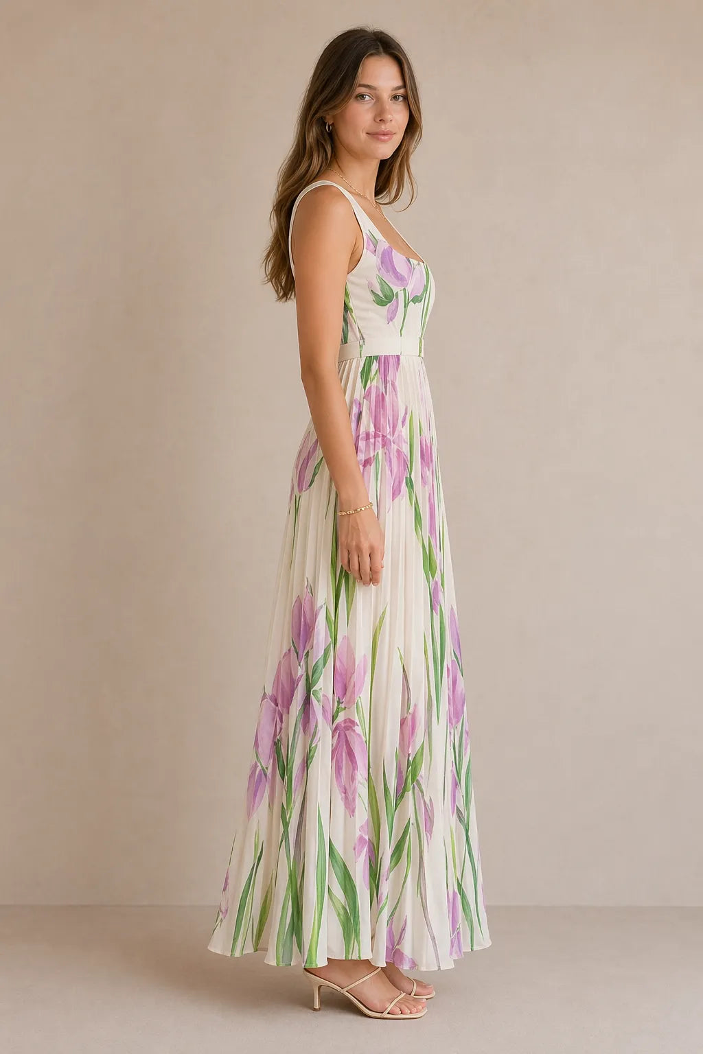 Floral Pleated Square-Neck Maxi Dress