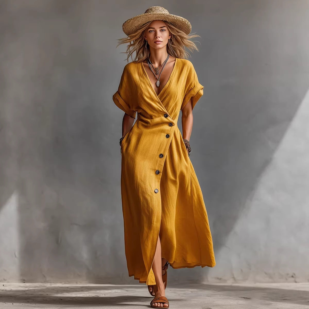 Vintage V-Neck Button Maxi Dress with Pockets