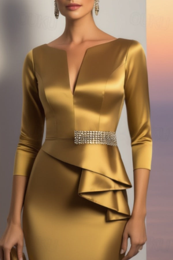 Formal Evening Dress Gold V Neck Maxi Satin Dress
