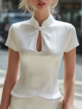 Stand-Collar Keyhole Satin Short-Sleeve Top