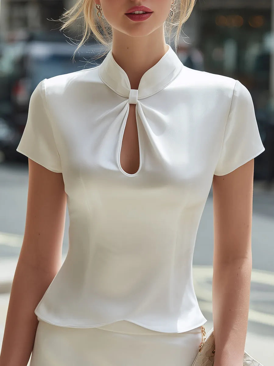 Stand-Collar Keyhole Satin Short-Sleeve Top