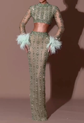 Mint Green Beaded Sheer Two-Piece Set with Feather Cuffs & Crystal Embellishments