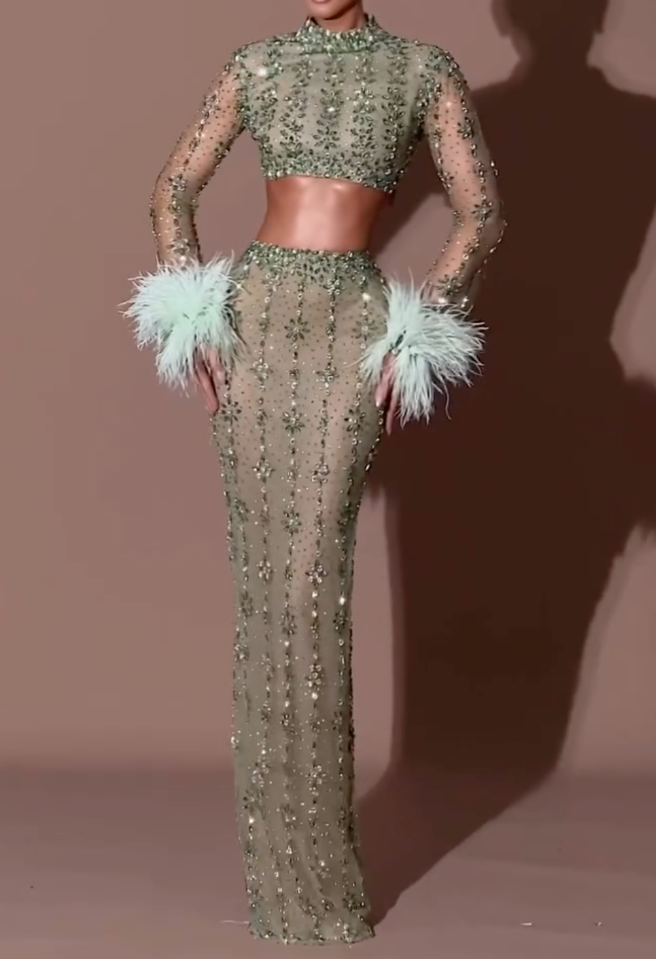 Mint Green Beaded Sheer Two-Piece Set with Feather Cuffs & Crystal Embellishments