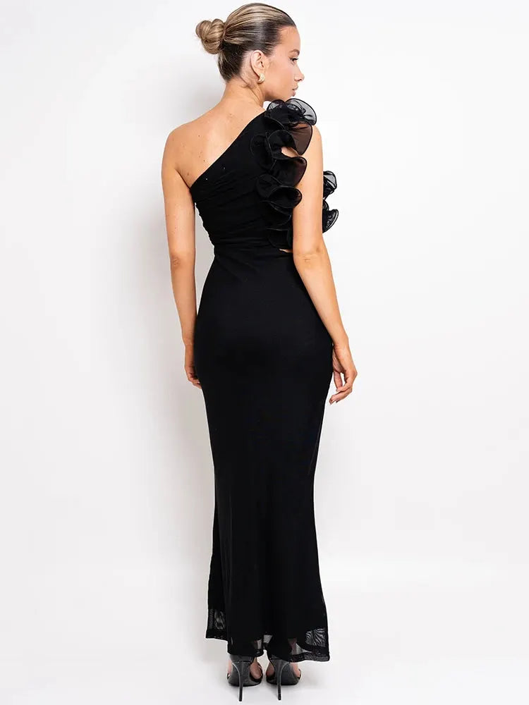 Delphina One Shoulder Ruched Maxi Dress with Floral Appliqué – Black or Green Wedding Guest Outfit